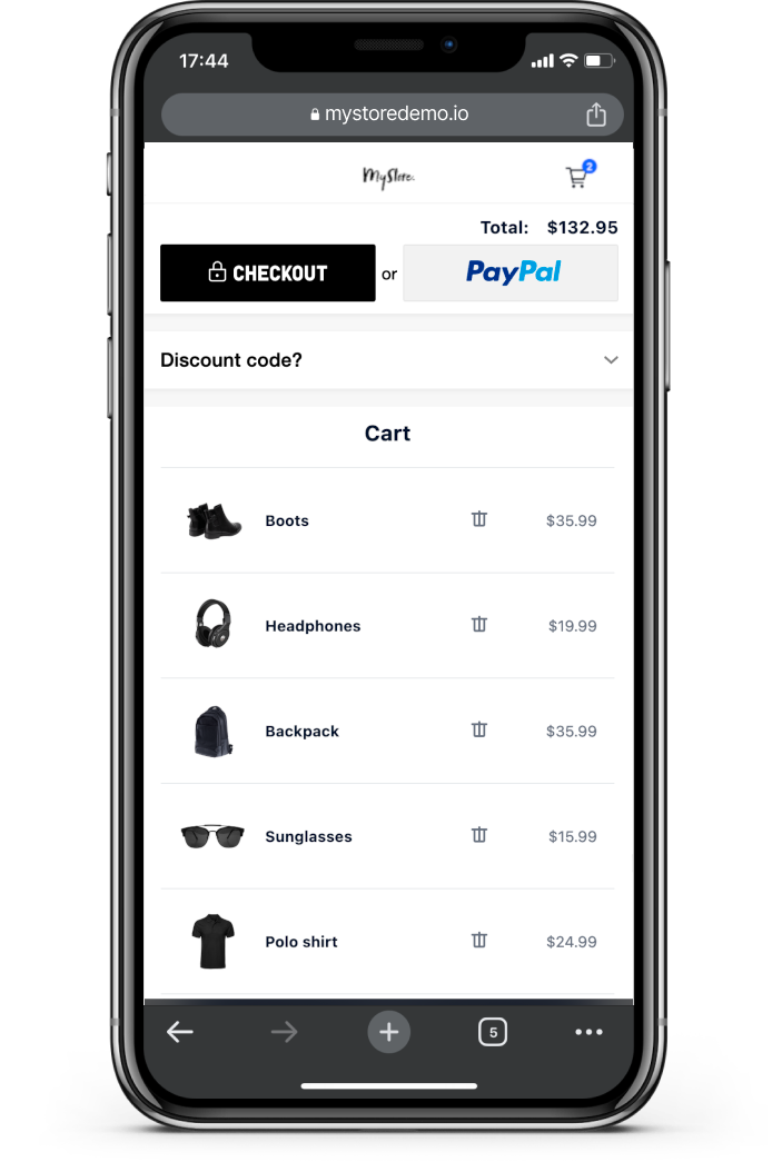 Adyen express checkout example showing digital payment methods for online merchant transactions.