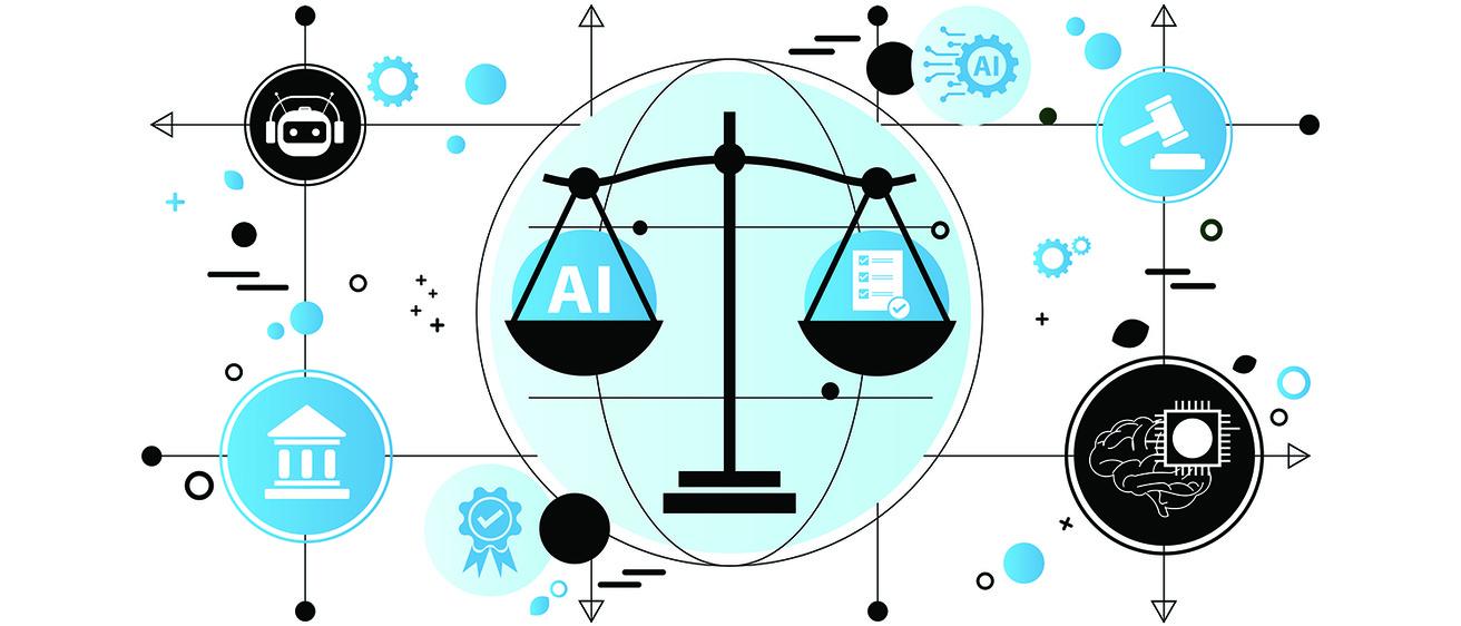 Illustration of AI, justice, and governance concepts, representing responsible AI use, research integrity, and oversight.