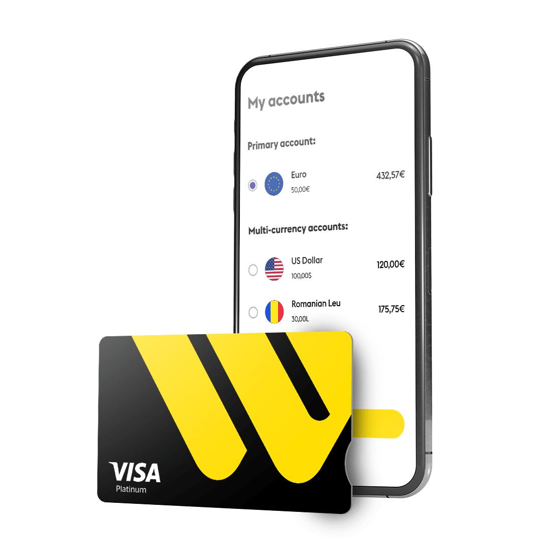 Western Union digital banking app displayed with a Visa card, representing mobile money movement and digital payout experiences.