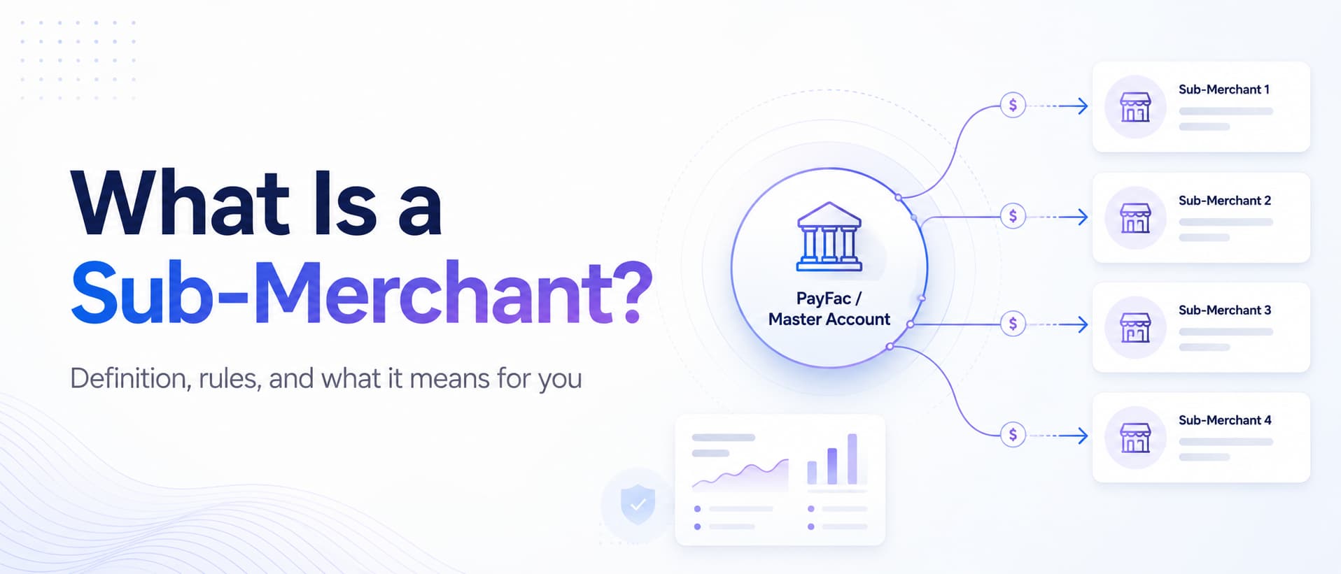 Blog cover showing a PayFac master account connected to multiple sub-merchants, illustrating how sub-merchants operate under a payment facilitator.