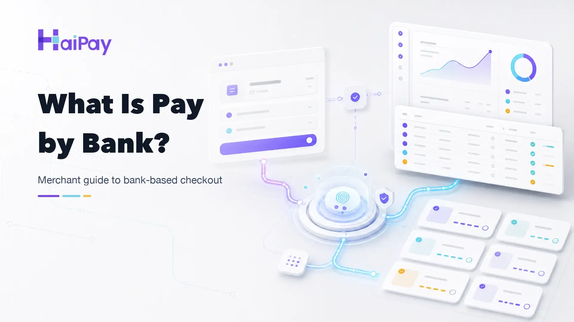 Abstract merchant checkout interface connected to bank authentication and reconciliation paths for Pay by Bank.