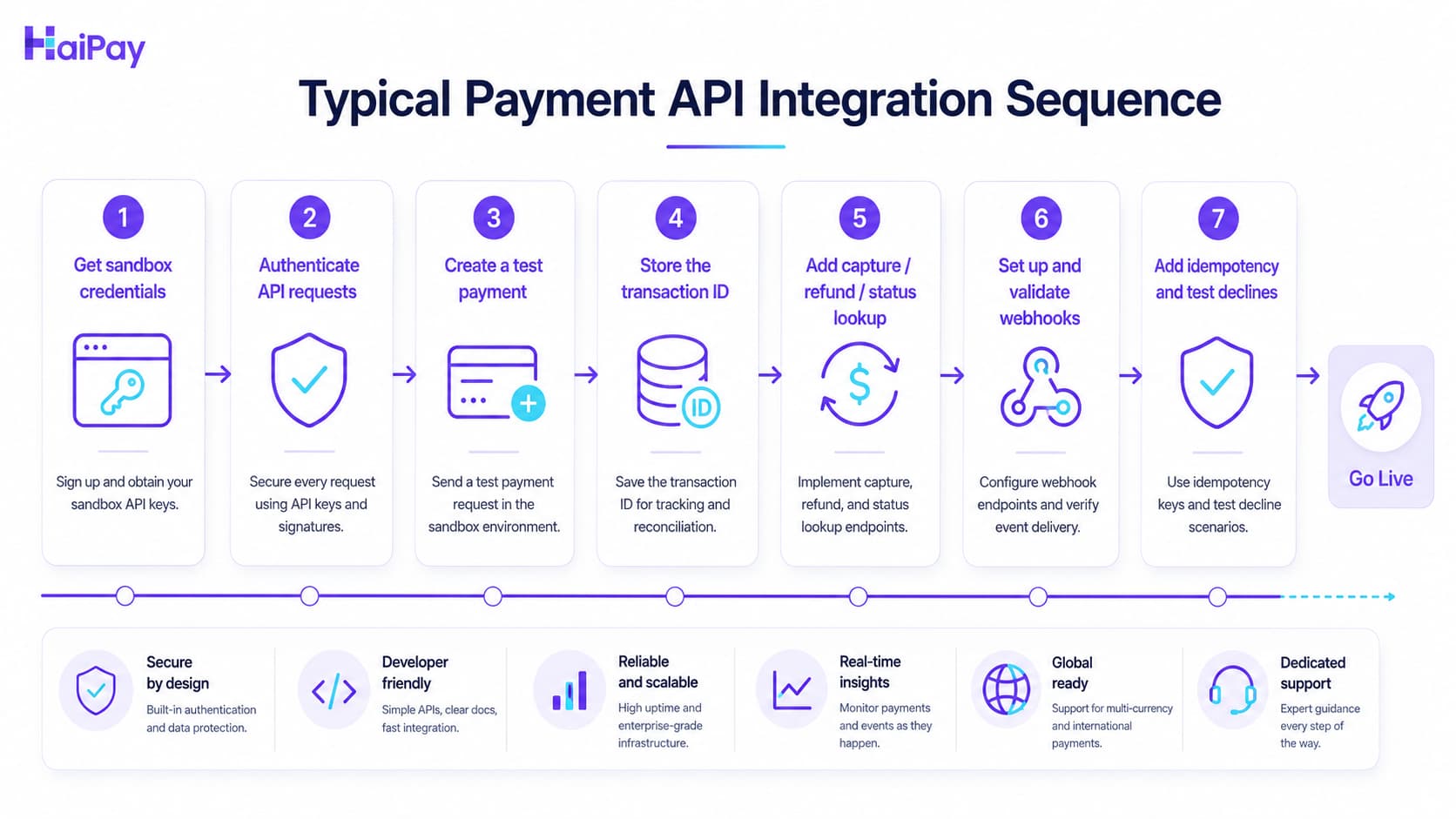 Payment API integration workflow diagram showing authentication, payment request, capture, refund, webhooks, and idempotency flow