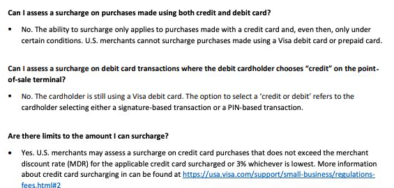 Screenshot from Visa's U.S. Merchant Surcharge Q and A stating surcharges apply only to credit cards, not Visa debit or prepaid cards, and are limited to the lower of MDR or 3%.