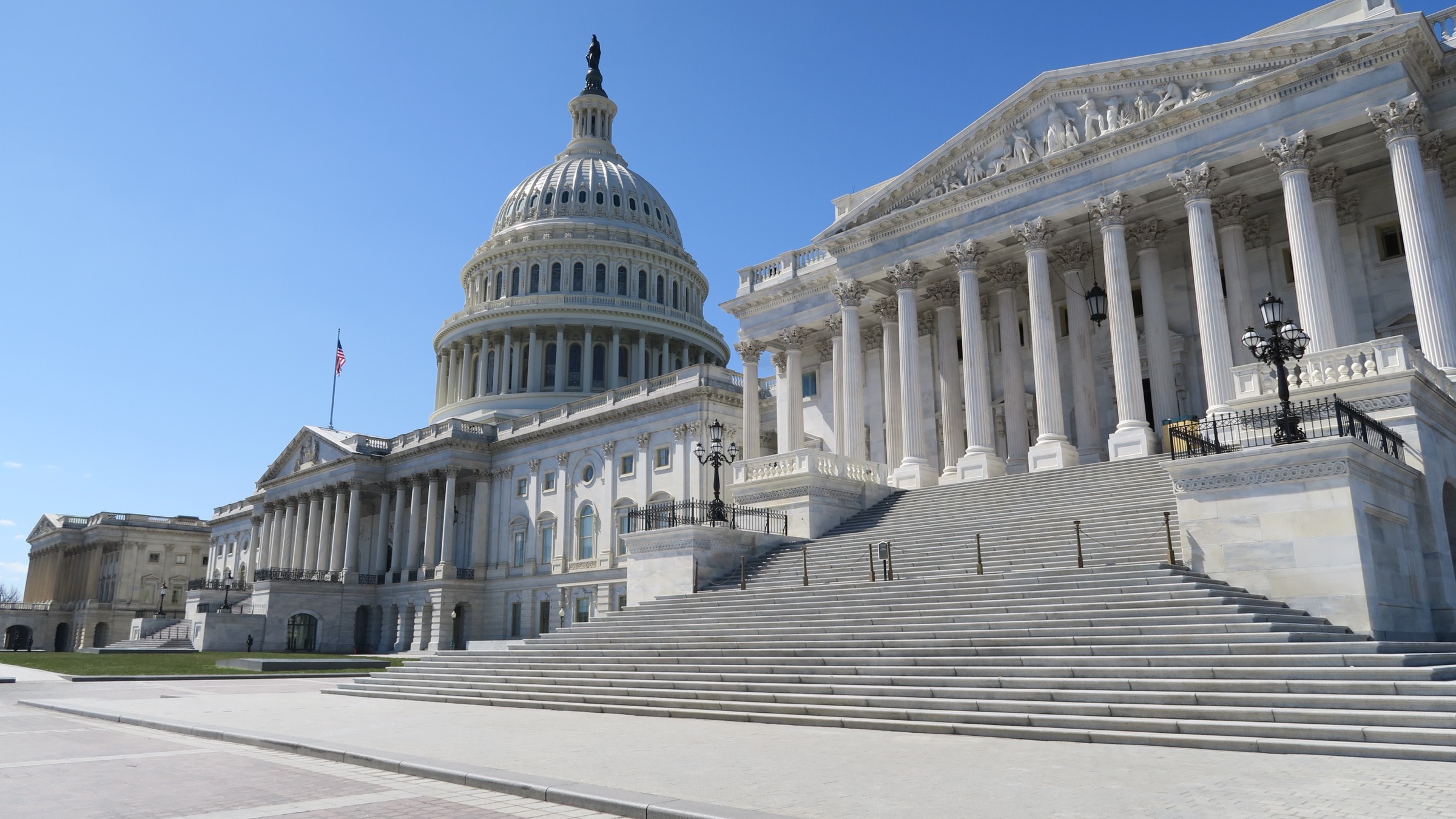 The East Front of the United States Capitol viewed from the northeast, with the Senate wing at right