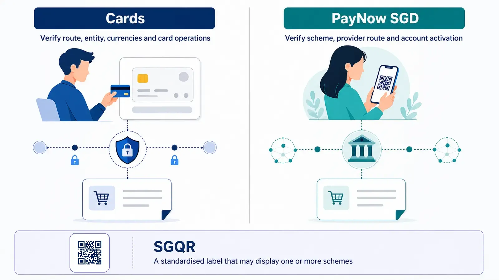 Comparison of card and PayNow verification paths for a Singapore payment gateway, with SGQR shown as a separate label layer.