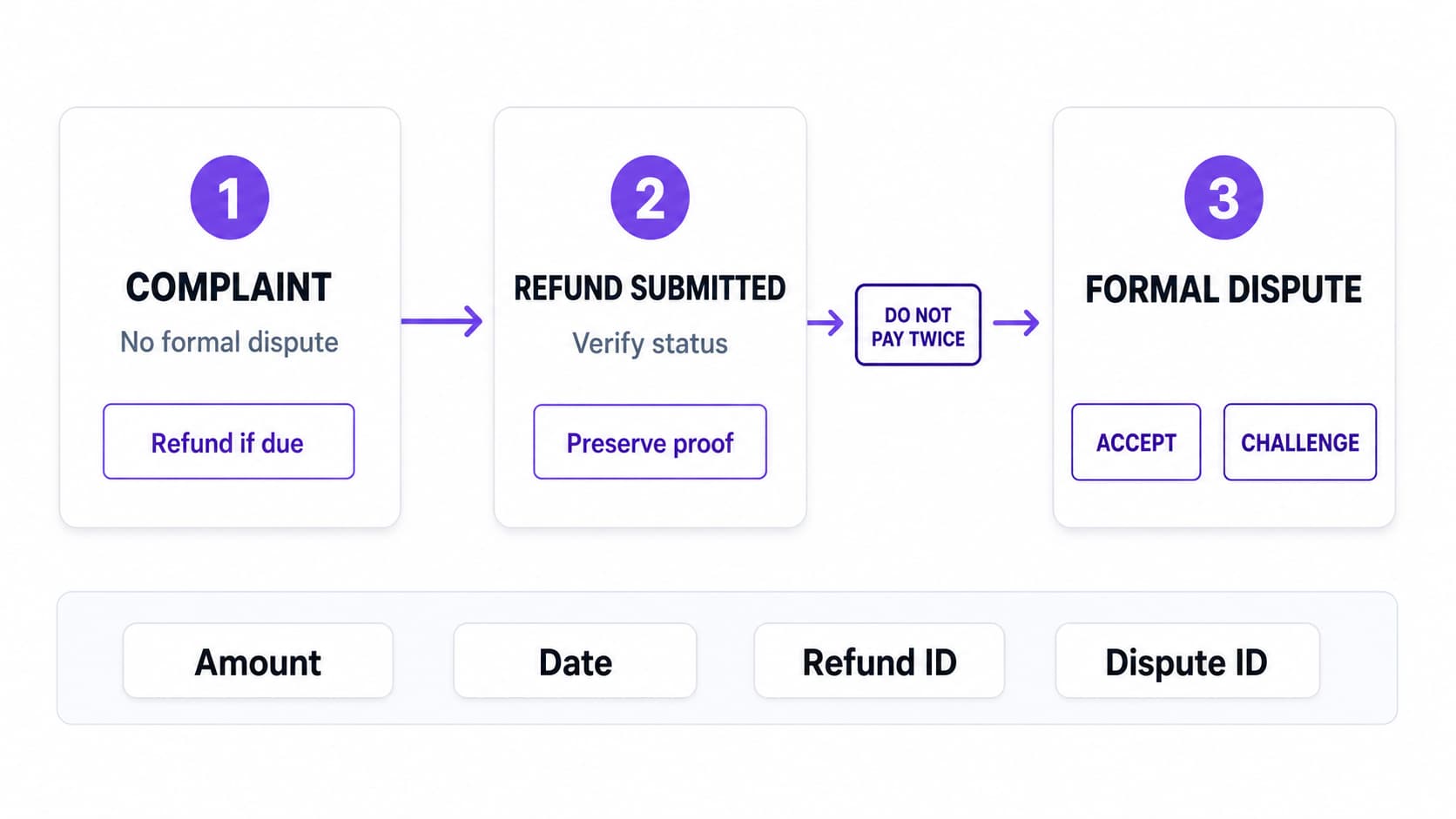 Three payment states showing when a merchant refunds, verifies a prior credit, or accepts or challenges an open chargeback.