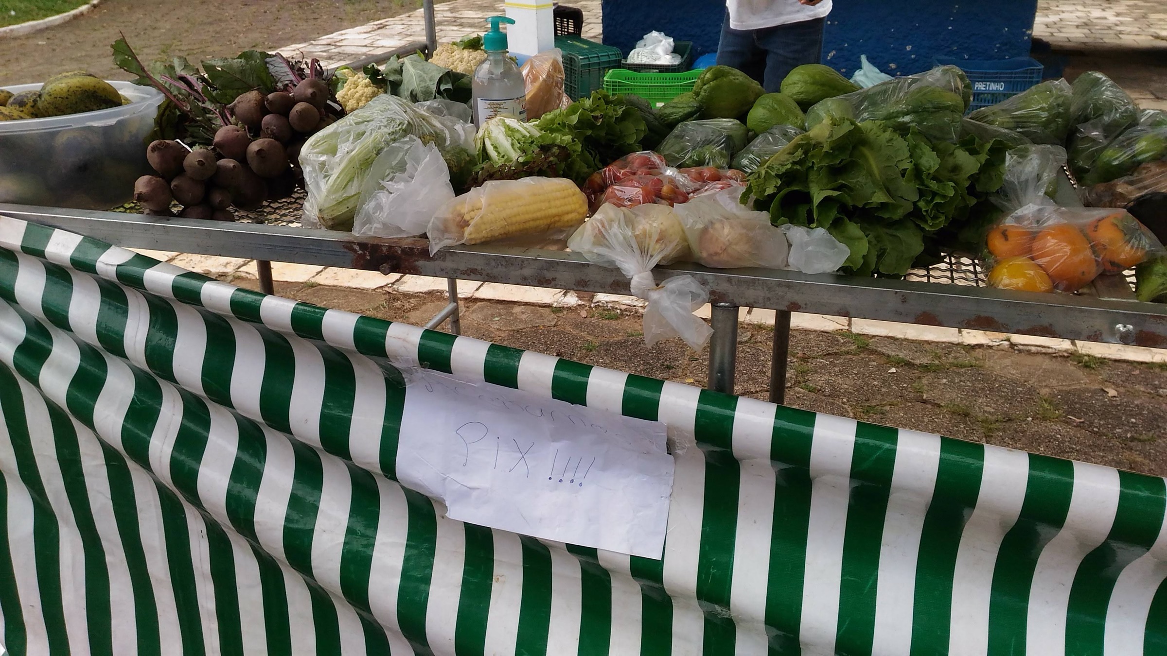  A vegetable stall at an open-air market in Brazil with a handwritten sign reading "Pix" hanging from the green and white striped awning.
