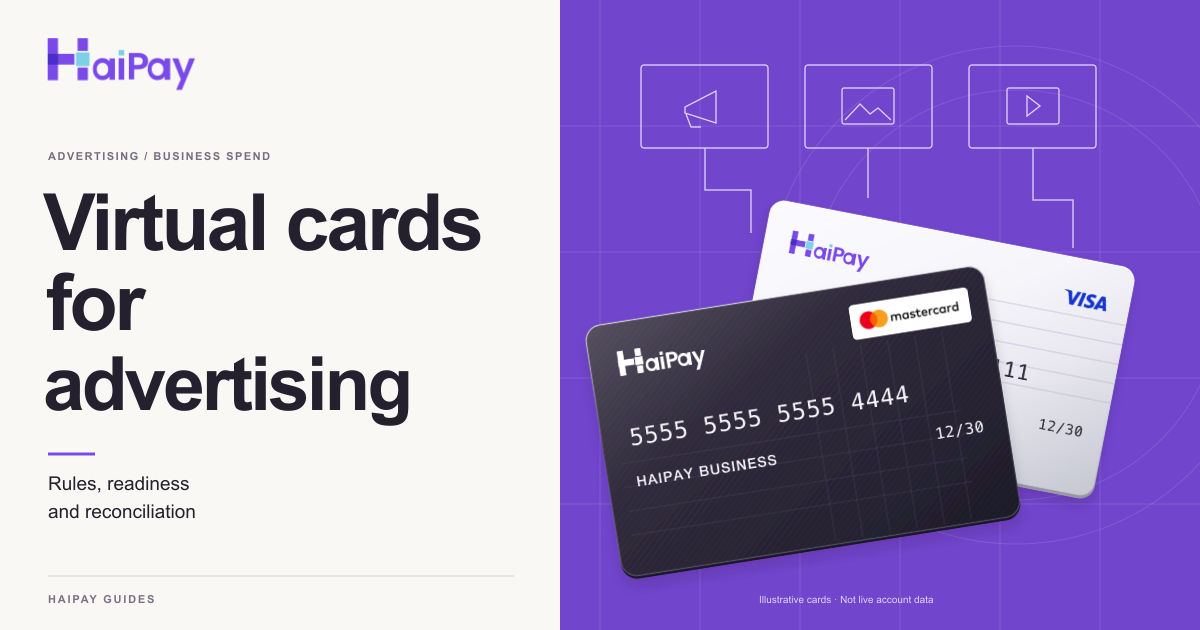 HaiPay example business cards beside advertising symbols on a purple grid, illustrating virtual cards for advertising.