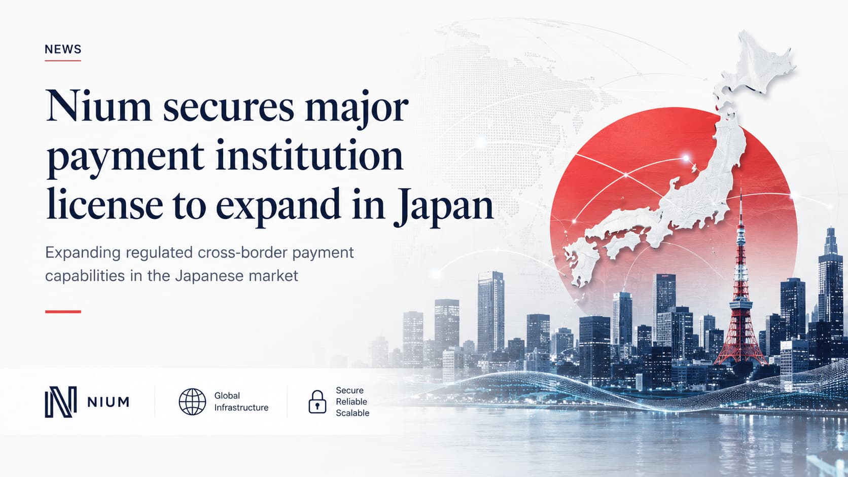 Illustration of Nium expanding regulated cross-border payment services in Japan with Tokyo skyline and Japan map.