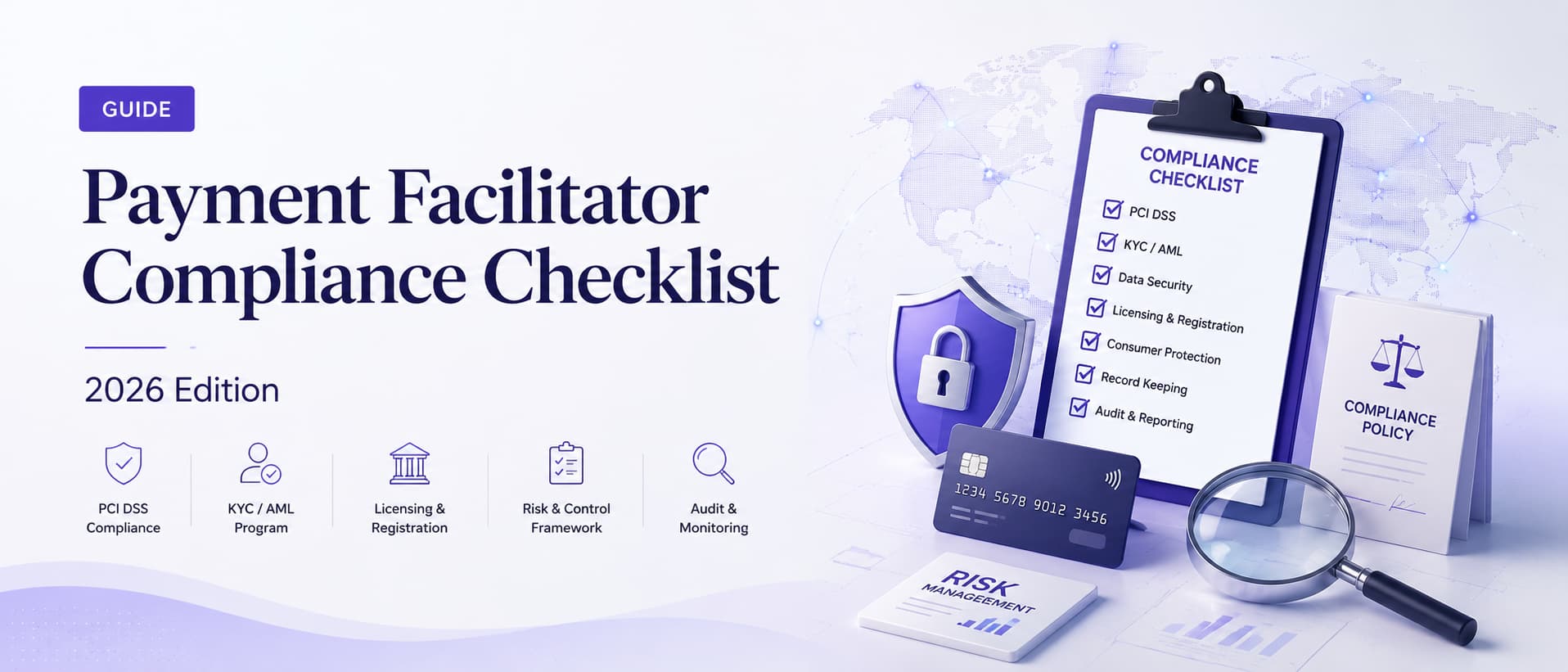 Payment facilitator compliance checklist cover showing PCI DSS, KYC/AML, licensing, risk control, and audit monitoring for payment compliance.