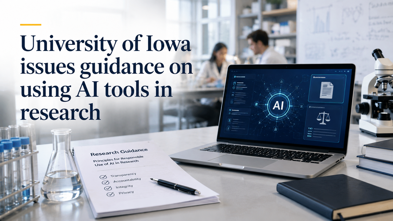 Research workspace with a laptop displaying an AI interface and a guidance document about responsible AI use in academic research.
