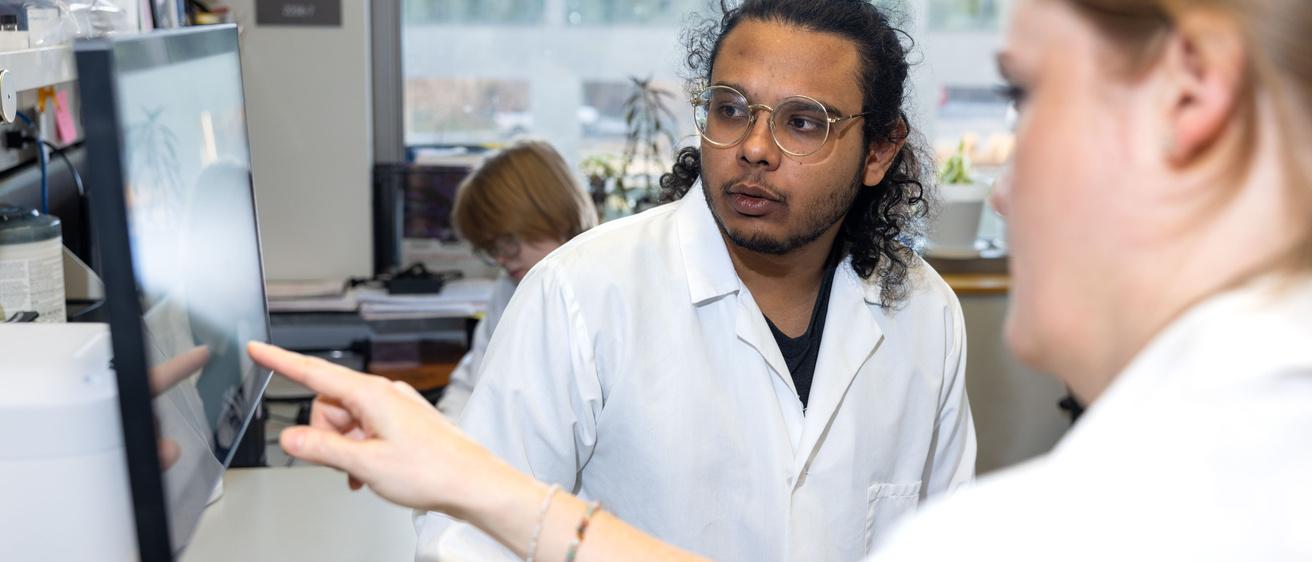 University of Iowa researchers collaborating in a laboratory setting, representing AI-assisted research workflows and data review.