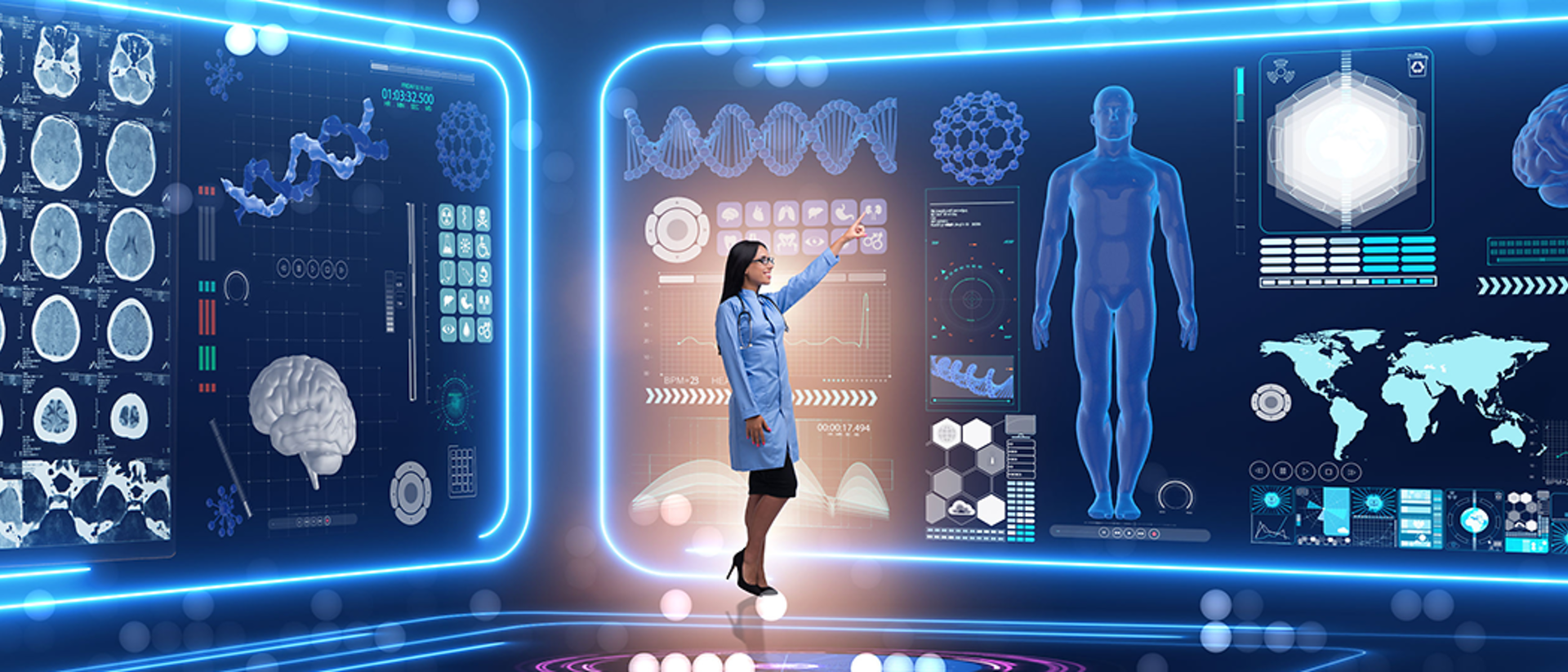 University of Iowa artificial intelligence research visual showing a researcher interacting with digital AI interface elements.