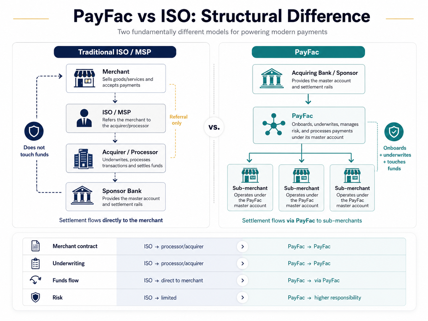 PayFac vs ISO structural diagram comparing referral flow, funds flow, underwriting and merchant responsibility.