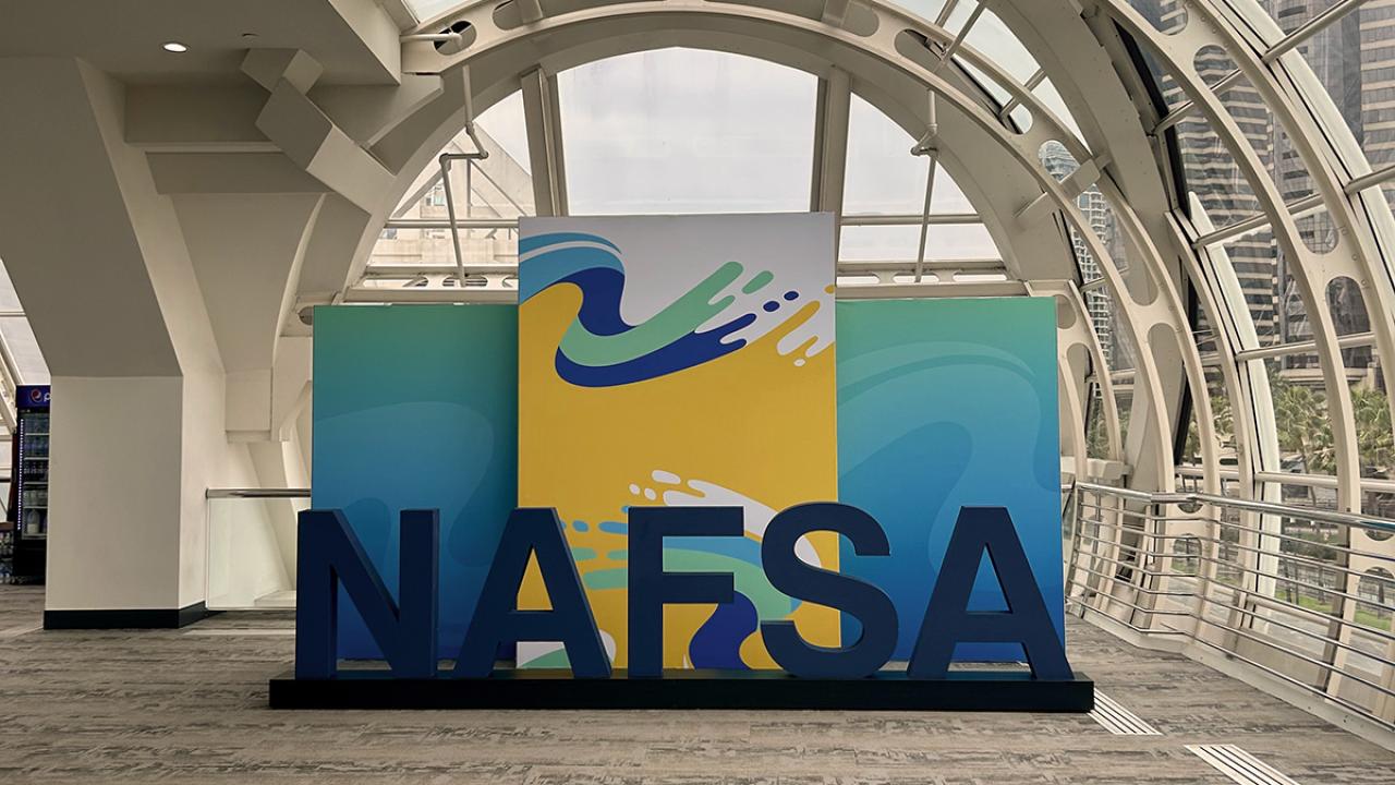 NAFSA 2025 conference signage for international education policy coverage