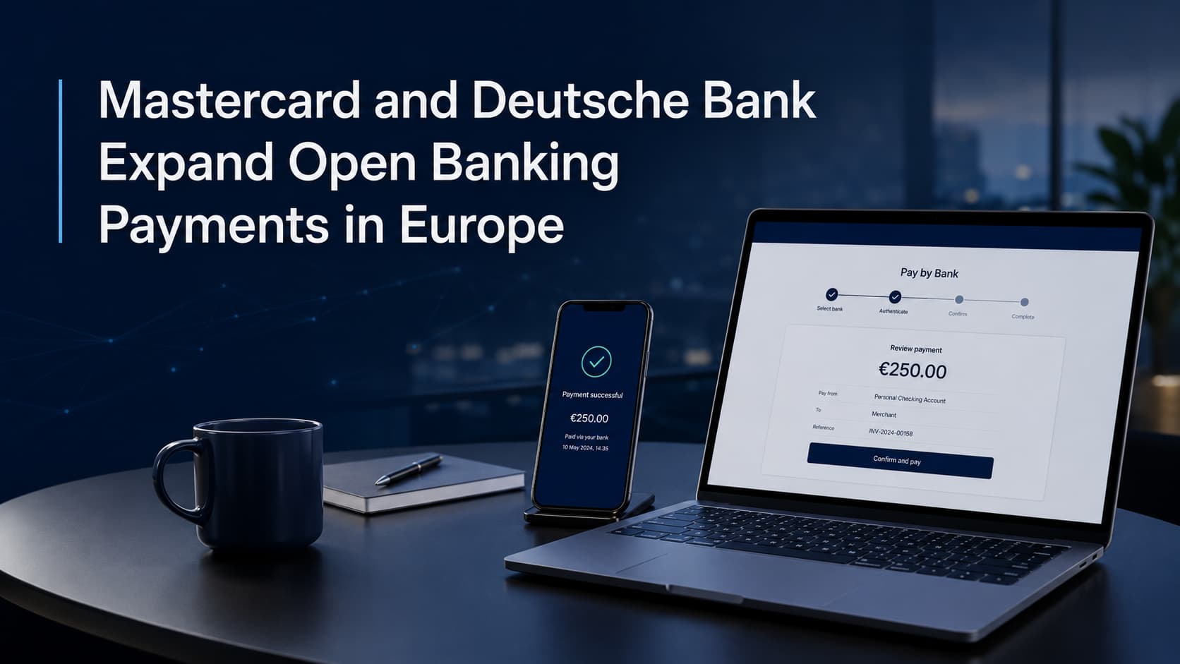 Website news cover showing Pay by Bank and open banking payment screens for Mastercard and Deutsche Bank’s Europe partnership