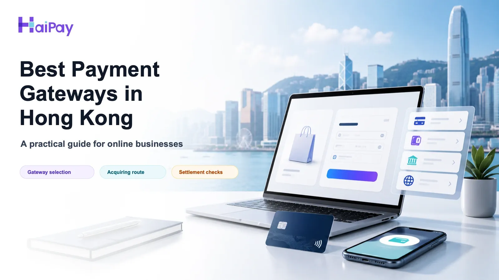 HaiPay hero image for a Hong Kong payment gateway guide with a checkout interface, payment card, mobile wallet cue, and Hong Kong skyline.