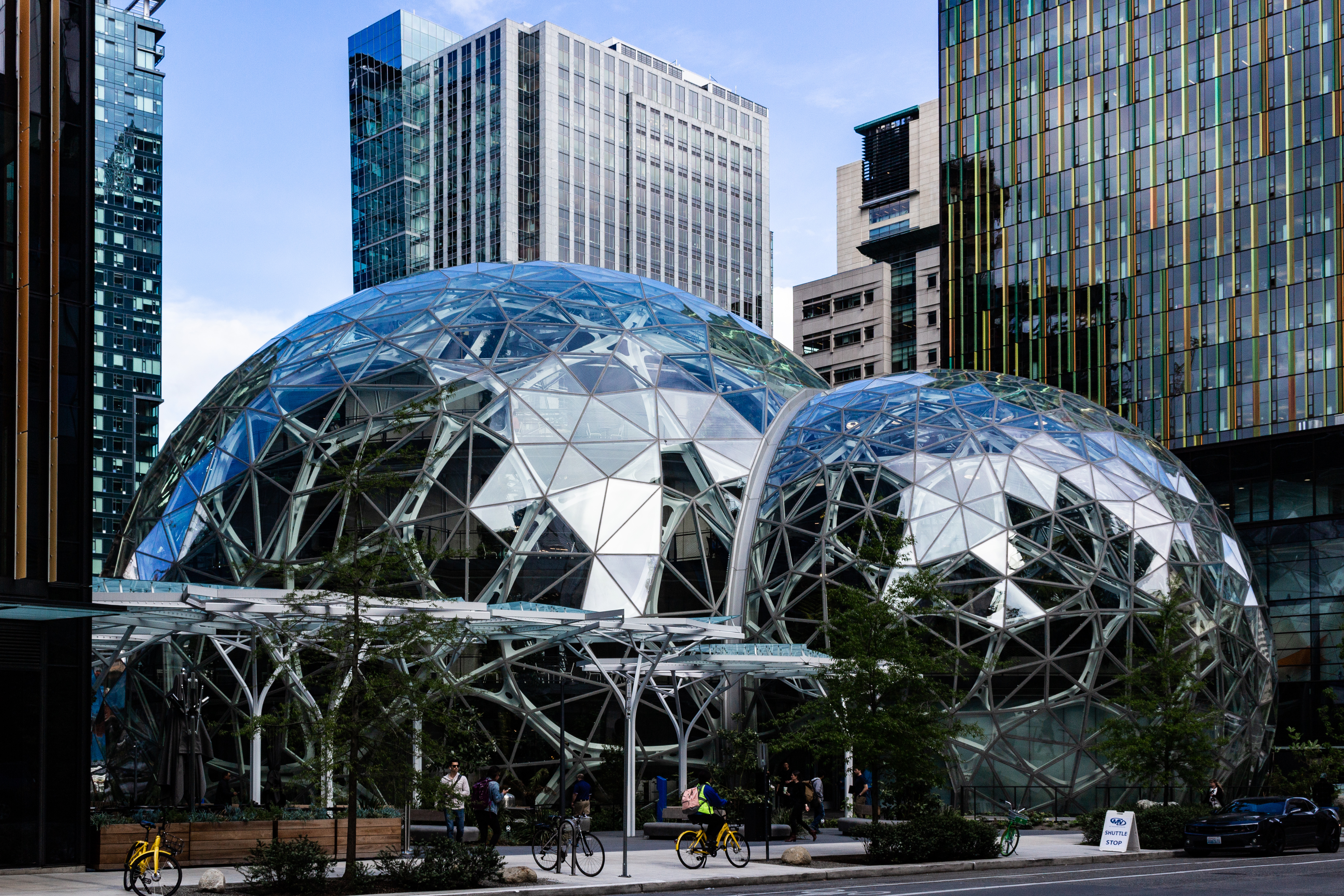 The Amazon Spheres at Amazon’s Seattle headquarters, photographed from the street in May 2018.