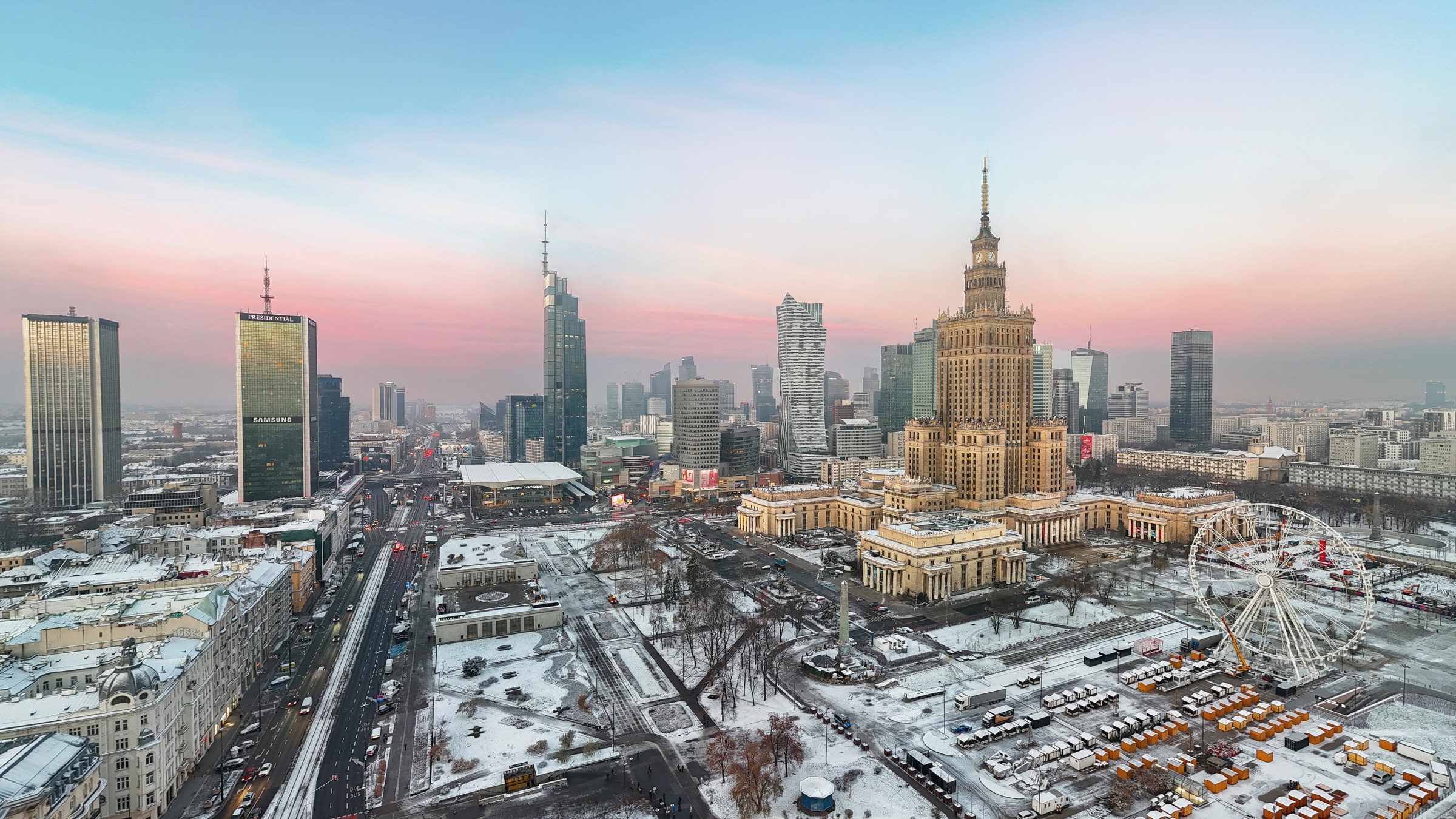 The skyline of central Warsaw with high-rise office towers.