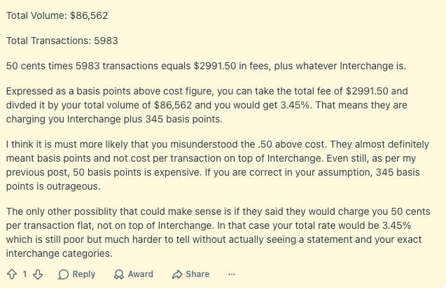 Reddit comment showing $2,991.50 in modeled fees on $86,562 of volume and stating "Interchange plus 345 basis points.