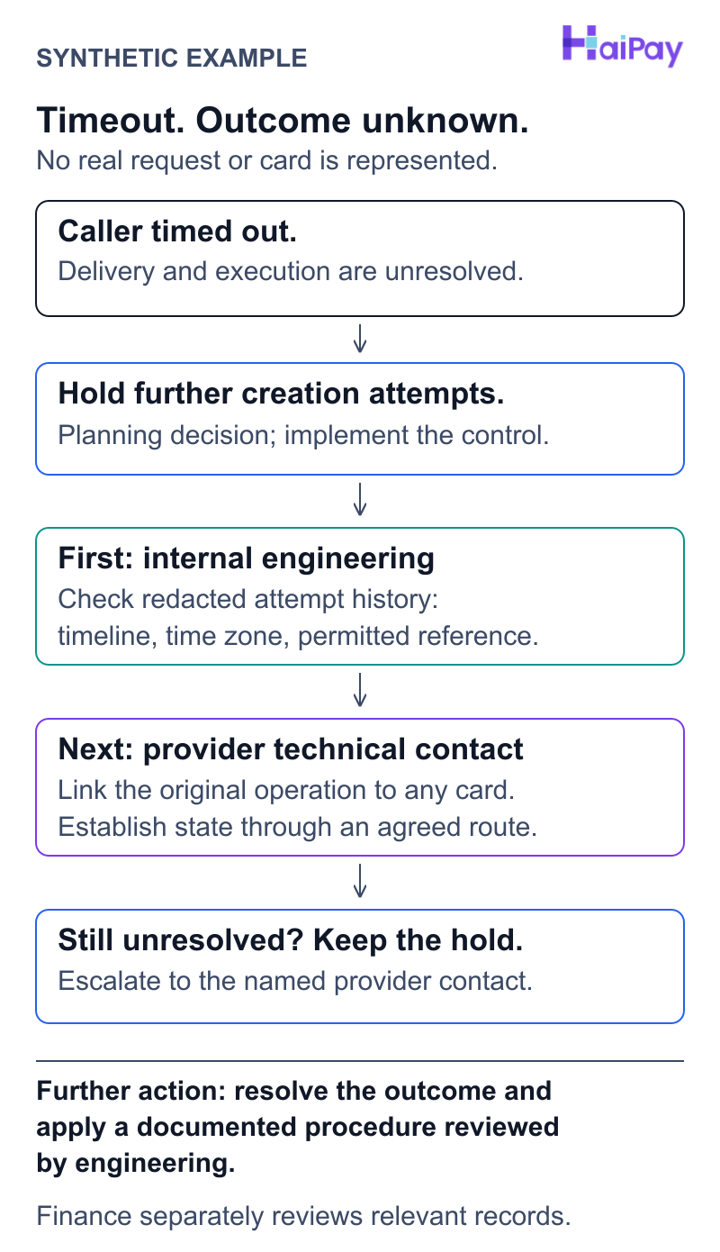 Synthetic timeout inquiry. Hold further creation attempts. Internal engineering checks the trace first. The provider contact investigates the original operation, any card, and its state through an agreed route. Keep the hold while unresolved. Finance reviews relevant records separately.