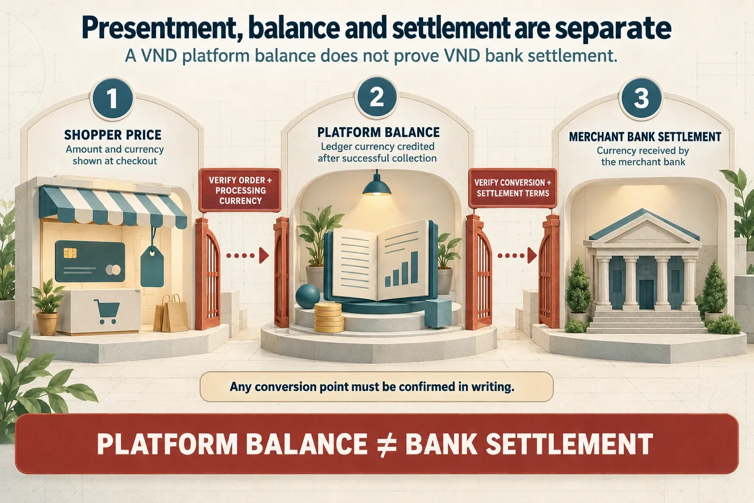 Vietnam currency flow separates the shopper’s payment currency, platform balance and merchant bank settlement currency.